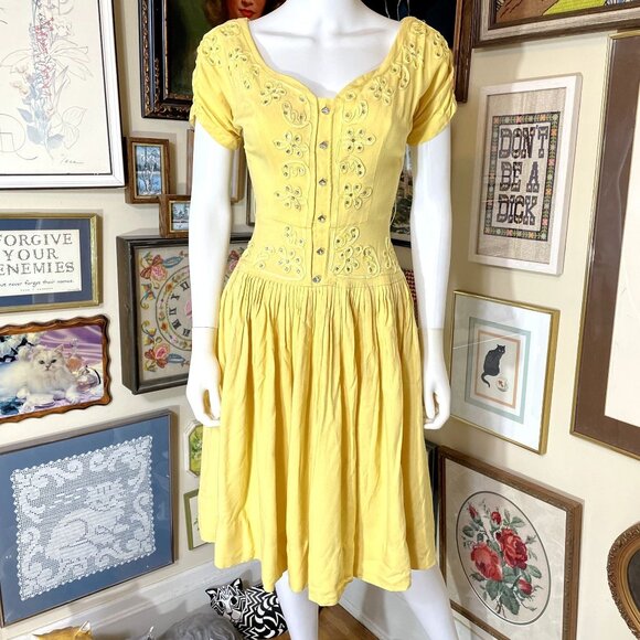 60s Vintage Yellow Fit and Flare Midi Dress with Soutache Braid and Rhinestones - Picture 1 of 6